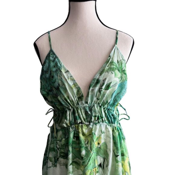 H&M BEAUTIFUL PEACOCK AND PLANTS DESIGN, GREEN LONG DRESS, SZ. M - Picture 3 of 12